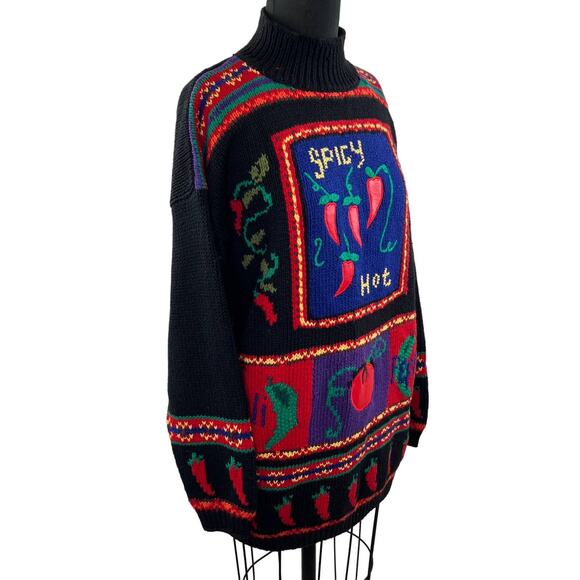 VINTAGE Karen Scott HandKnit SPICY HOT Black Long Sleeve Mock Pullover Sweater L - Picture 2 of 9